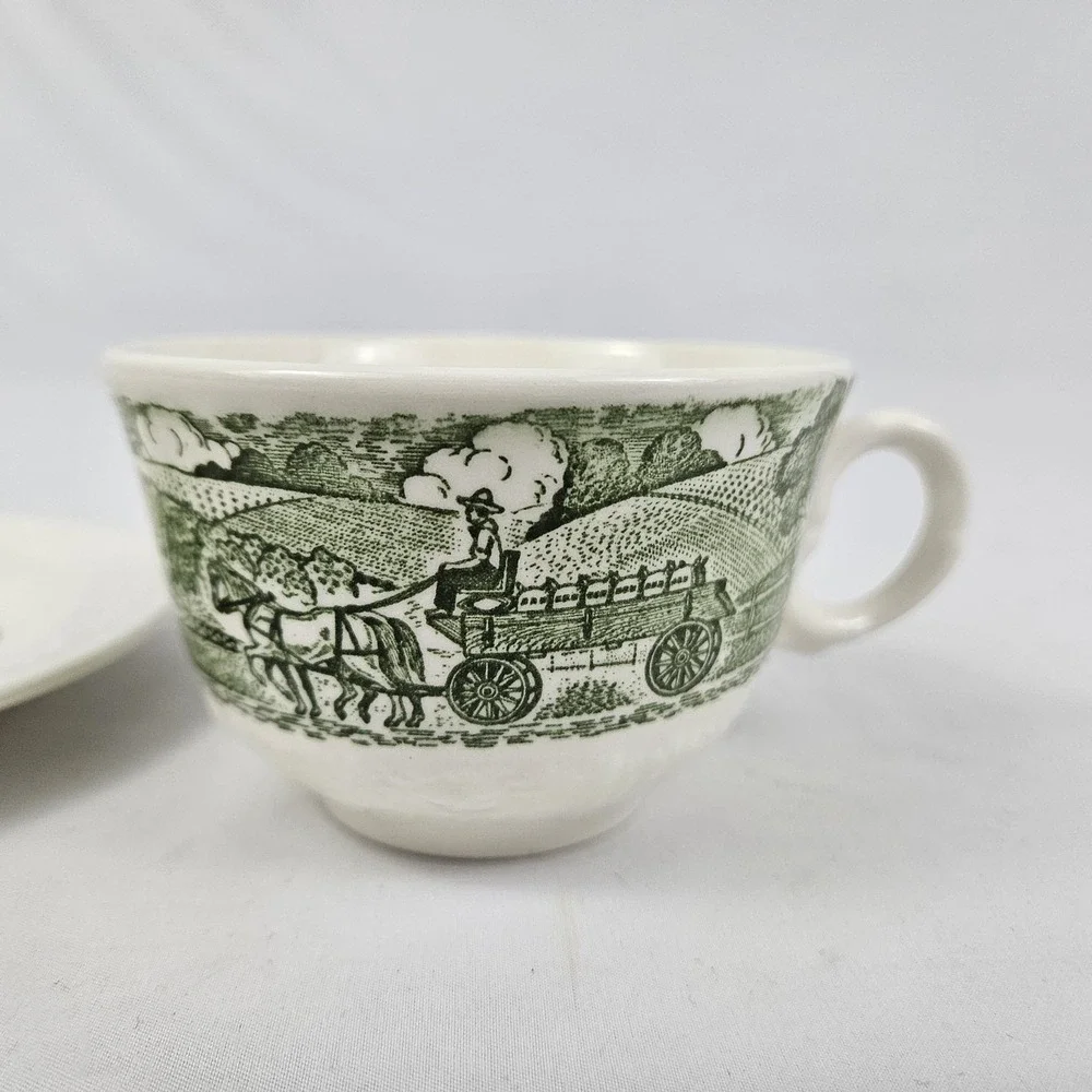 Homer Laughlin Teacup & Saucer Set Farm Scene Vintage Pastoral Green